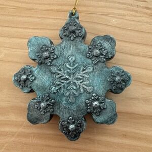 Snowflake Ornament Ceramic Antiqued Blue Hanging Large Puffy Vintage Look Retro
